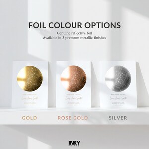May include: Three white rectangular prints featuring circular star maps with reflective foil finishes in gold, rose gold, and silver. Text reads FOIL COLOUR OPTIONS, Genuine reflective foil, Available in 3 premium metallic finishes, BORN UNDER THIS SKY, and INKY PRINTS.