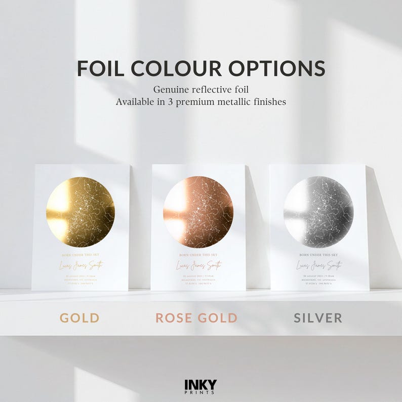 May include: Three white rectangular prints featuring circular star maps with reflective foil finishes in gold, rose gold, and silver. Text reads FOIL COLOUR OPTIONS, Genuine reflective foil, Available in 3 premium metallic finishes, BORN UNDER THIS SKY, and INKY PRINTS.