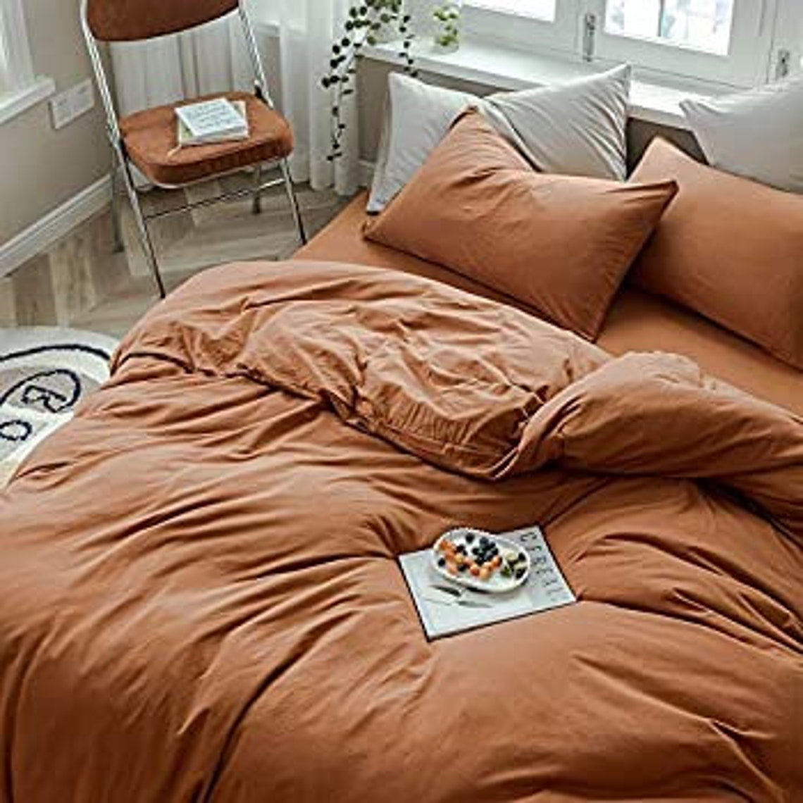 Caramel Pumpkin Duvet Cover King Solid Brown Bedding SetBoho Etsy
