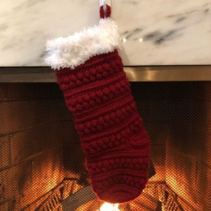 Handmade Christmas Stocking, Large Fuzzy Topped Stocking, Knitted Handmade Stocking