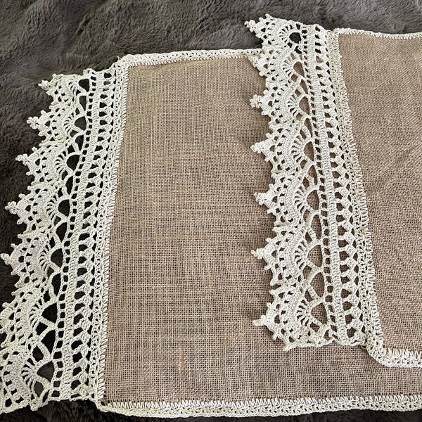 Hand Stitched Vintage Lace Tabl Runner, Burlap and Lace Handmade Table Runner, Cotton Unique Table Runner