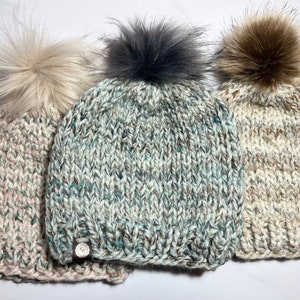 Colorful Knitted Winter Hat, Handmade Wool Beanie, Chunky Winter Hat with Removable Faux Fur Poof, Washable Winter Hat