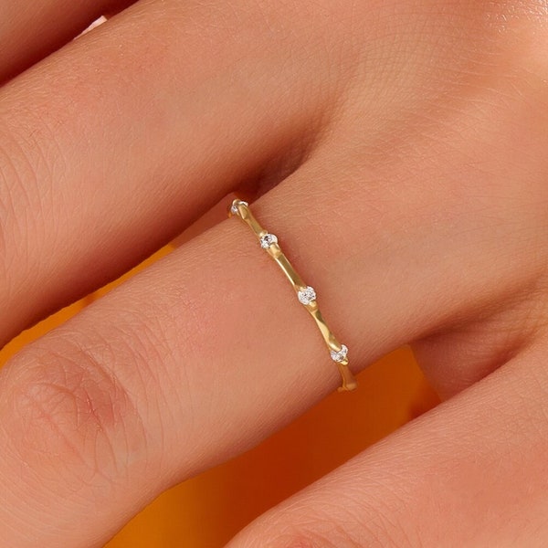 Diamond Bamboo Stackable Ring, Solid Gold Stacking Ring, 14k Tiny Diamond Bone Band for Women, Diamond Thumb Ring, Thin Index Finger Ring