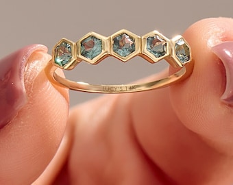 Teal Sapphire Wedding Ring, 14K Solid Gold Bezel Hexagon Band, Half Eternity Blue Green Gemstone Band, Dainty 5 Stone Rings for Women