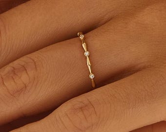 Diamond Stacking Ring, 14K Solid Gold Thin Natural Diamond Band, Minimalist Gold Ring in Yellow White or Rose Gold, Gift For Her