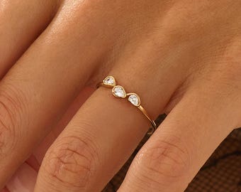 Three Pear Diamond Ring, 14K Solid Gold Natural Diamond Band, Dainty Three Stone Stackable Ring, Minimal Fine Jewelry, Gift For Her