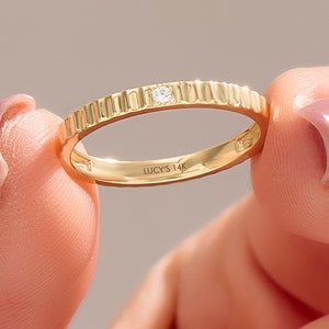 Solo Diamond Wedding Band Women 14k Solid Gold Patterned Ring for Marriage Gold Line Textured Wedding Ring Jewelry Gift for Wife, Her