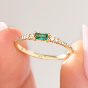 14k Solid Gold Baguette Emerald Ring with Pavé Diamonds Minimalist Green Gemstone Stacking Ring May Birthstone Gift for Her Birthday Gifts