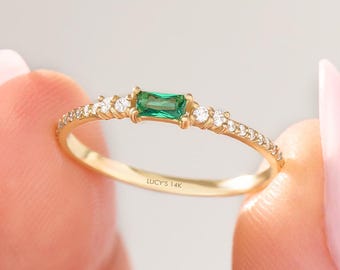 14k Solid Gold Baguette Emerald Ring with Pavé Diamonds Minimalist Green Gemstone Stacking Ring May Birthstone Gift for Her Birthday Gifts