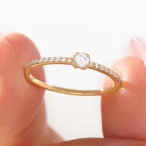 14K Solid Gold Diamond Solitaire Ring – Minimalist Engagement Ring for Women, Tiny Diamond Half Eternity Band, Simple Dainty Promise Ring