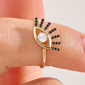 14k Solid Gold Evil Eye Ring, Black and White Diamond Pinky Band for Women