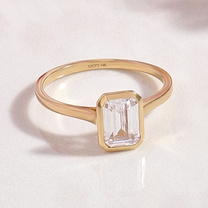 Emerald Cut Moissanite Ring • 14k Solid Gold Bezel Engagement Band • 1ct Lab Solitaire • Minimalist Handmade Bridal Gift for Women