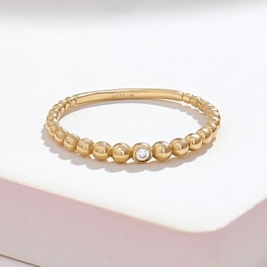 14k Solid Gold Beaded Band Diamond Solitaire Ring, Dainty Bubble Stacking Ring for Women, Minimalist Gold Promise Ring, Simple Fine Jewelry