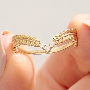 14k Solid Gold Curved Wedding Band, Floral Leaf V Shaped Wishbone Ring, Olive Branch Stacking Ring, Solitaire Enhancer Bridal Jewelry