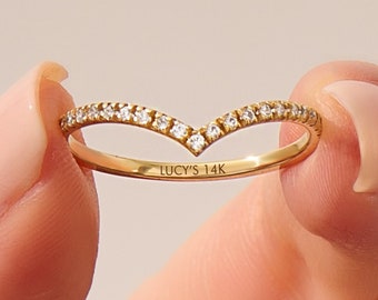 Curved Wedding Band, Solid Gold Diamond Ring, V Shaped Ring, Solitaire Ring Enhancer, Half Eternity Ring, Nesting Ring for Engagement Ring