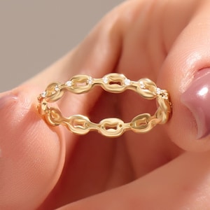 14k Solid Gold Chain Ring, Pave Diamond Stacking Ring, Minimalist Gold Ring Women, Dainty Chain Ring, Stackable Ring Band, Handmade Jewelry