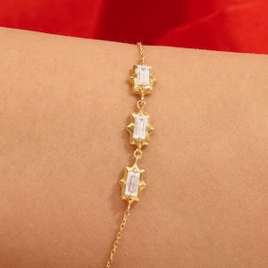 14k Solid Gold Baguette Lab Diamond Bracelet – Dainty 0.60ctw Chain Bracelet for Women, Minimalist Stacking Jewelry Yellow, Rose, White Gold