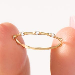 Diamond Bamboo Stackable Ring, Solid Gold Stacking Ring, 14k Tiny Diamond Bone Band for Women, Diamond Thumb Ring, Thin Index Finger Ring
