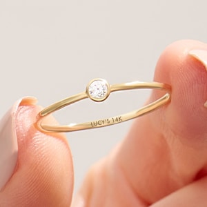 Diamond Solitaire Ring 14k Solid Gold, Dainty Promise Ring, Tiny Round Cut Engagement Ring, Minimalist Gold Gift for Her, Bezel Diamond Ring
