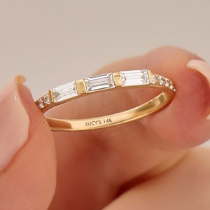 14k Solid Gold Baguette Diamond Ring, Modern Wedding Band for Women, Unique Stackable Bridal Jewelry, Real Diamond Baguette Anniversary Gift