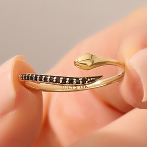 Diamond Snake Ring, Solid Gold Wrap Around Ring, Black Diamond Ring for Women, Dainty Ouroboros Ring, Pave Diamond Ring, Gift for Her