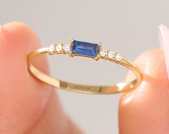 14k Solid Gold Baguette Sapphire Ring, Dainty Blue Minimalist Engagement Ring for Women, September Birthstone Stackable Jewelry Gift for Mom