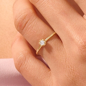 Diamond Minimalist Engagement Ring, Solid Gold Dainty Solitaire Ring, 14k Tiny Diamond Promise Rings for Women, Thin Wedding Bridal Band
