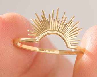 14k Solid Gold Sunshine Ring – Curved Contour Band – Solitaire Ring Enhancer for Engagement Ring – Minimalist Nesting Wedding Band for Women