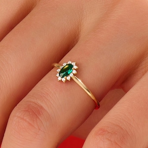 Solid Gold Emerald Promise Ring, 14k Gold Tiny Solitaire Ring for Women, Dainty Green Halo Flower Ring, Minimalist May Birthstone Ring image 1