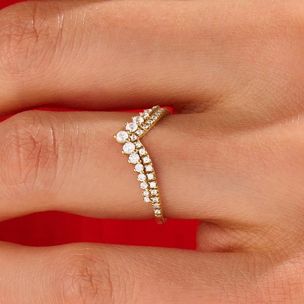 Diamond Curved Wedding Band, Solid Gold Wishbone Ring Women, Pave Real Diamond Chevron Ring, Unique Contour Ring, Handmade Jewelry Gift