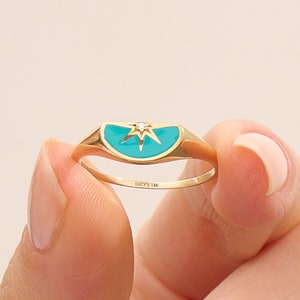 Half Sun Personalized Ring in 14k Solid Gold – Custom Enamel Starburst Pinky Signet Ring for Women, Dainty Delicate Custom Gift for Her
