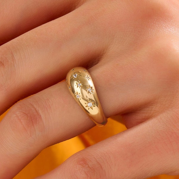 Diamant-Starburst-Ring, massiver Gold-Kuppelring für Frauen, Pave-Diamant-Zigeunerring, 14-karätiges Gold, dickes Band, Sternring, klobiger Statement-Ring