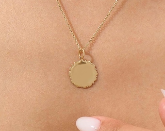 Personalized Name Necklace, Engravable Round Pendant Gold Vermeil, Custom Coin Necklace, Dainty Minimalist Layering Necklace, Gift for Her