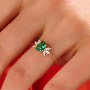 14k Emerald Ring,Solid Gold Flower Solitaire Ring, Oval Engagement Ring Women, Green Floral Ring with Diamonds, May Birthstone Rings for Her image 2