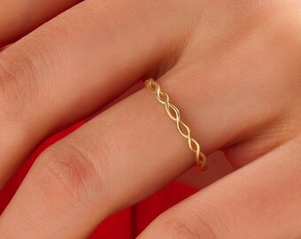 Solid Gold Twist Ring 14k Gold Dainty Stacking Band Real Gold Statement Ring Delicate Thumb Ring Thin Gold Bands for Women Slim Skinny Ring