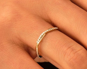 Diamond Twisted Pave Eternity Ring, 14k Braided Wedding Band, Women Dainty Stacking Ring, Thin Crossover Layering Band, Solid Gold Jewelry