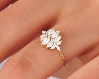 Marquise Diamond Sparkling Engagement Ring, Unique Vintage Design Flower Ring Women Chunky Statement Ring Women, Cocktail Ring,One of A Kind