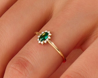 Solid Gold Emerald Promise Ring, 14k Gold Tiny Solitaire Ring for Women, Dainty Green Halo Flower Ring, Minimalist May Birthstone Ring