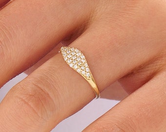 Pave Diamond Pinky Ring, 14k Gold Slim Signet Ring, Solid Gold Unique Stacking Ring with Natural Diamond, Pointer Finger Ring,Midi Band Ring