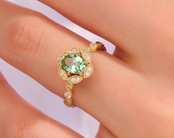 14k Gold Verlobungsring, Solid Gold Vintage Grüner Turmalin Ring, Mutter Oval Solitär Ring, Zierliche Art Deco Ring, Edelstein Blume Ring