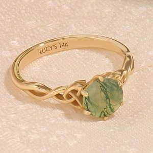 14k Gold Moss Agate Celtic Ring – Hexagon Cut Engagement Ring, Irish Love Knot Promise Ring, Dainty Solid Gold Gemstone Gift for Women