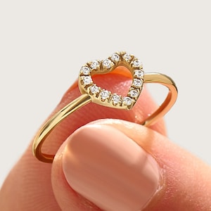 Diamond Heart Ring, 14k Gold Promise Ring, Solid Gold Rings, Womens Pave Diamond Ring, Unique Love Ring, Dainty Gold Rings, Stackable Ring