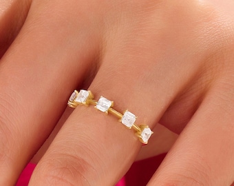 5 Stone Wedding Ring Women | Princess Cut Diamond Anniversary Ring 14k Solid Gold  | 0.5ct Half Eternity Bridal Ring | Unique Marriage Ring