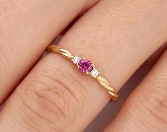 Twisted 14K Gold Ruby Ring, Minimalist Dainty Gold Band, Tiny Pink Gemstone Jewelry, Thin Stacking Band