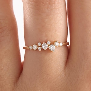 Solid 14k Gold Diamond Cluster Ring • Minimalist Stackable Wedding Band • Ships from USA