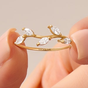 Diamond Leaf Ring Wedding Band, 14k Solid Gold Floral Rings for Women, Vine Stackable Ring, Marquise Diamond Ring, Nature Inspired Rings