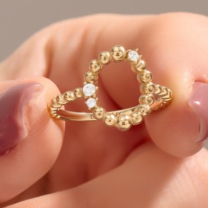Diamond Karma Ring 14k Solid Gold Beaded Round Ring Womens Open Circle Ring Minimal O Statement Ring Modern and Daily Dot Gift Ring