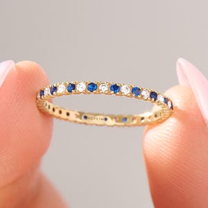 14k Solid Gold Sapphire and Diamond Eternity Ring – Blue Gem Wedding Band for Women, Stackable Gift Ring for Wife, Girlfriend, or Her