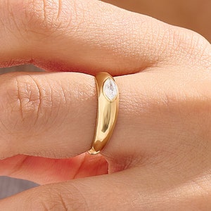 14k Solid Gold Bezel Diamond Dome Ring for Women Diamond Pinky Ring Lab Created Marquise Ring Jewelry Gift for Her