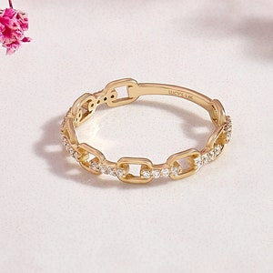 14K Solid Gold Diamond Chain Link Ring Stackable Eternity Band for Women